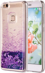 Луксозен силиконов гръб ТПУ FASHION с течност и лилав брокат за Huawei P10 Lite прозрачен 